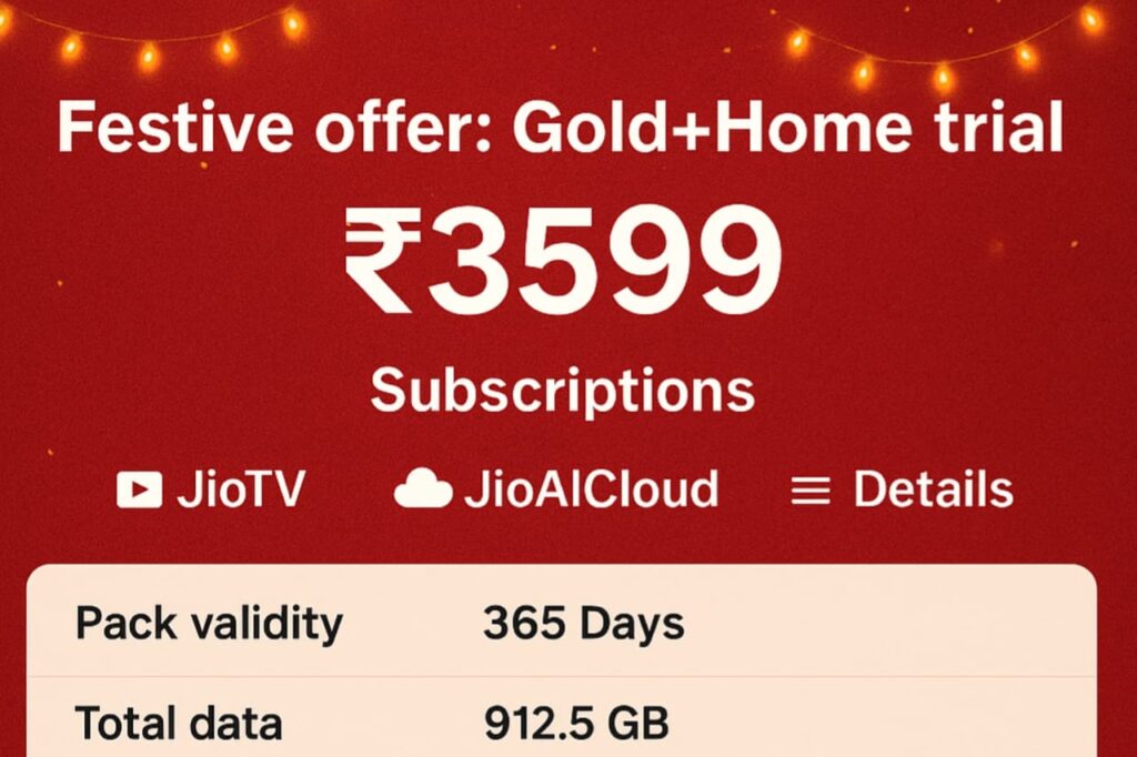 Jio का बेस्ट 365 Days Recharge Plan: ₹3599 में डेटा + कॉलिंग + Hotstar + AI सब कुछ फ्री! jio ka 365 din ka recharge kitne ka hai 2 "Jio ₹3599 Yearly Plan details – 365 days validity, 2.5GB/day data, Hotstar free, unlimited 5G benefits"